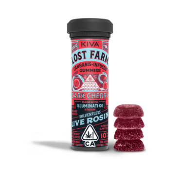 A photograph of Lost Farm Gummies Dark Cherry Illuminati OG Rosin