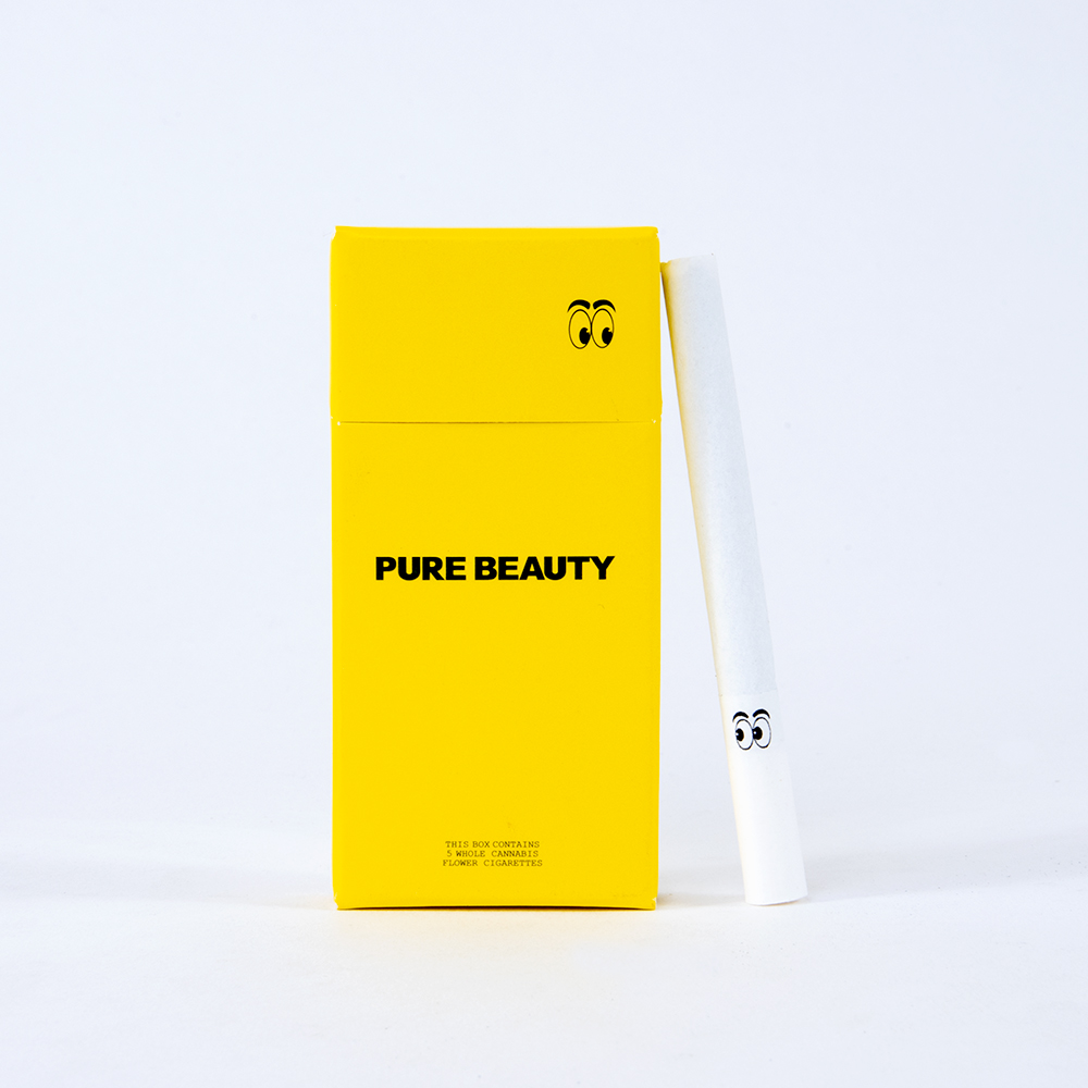 A photograph of Pure Beauty Cannabis Cigarettes 5pk Yellow Box Sativa 16ct
