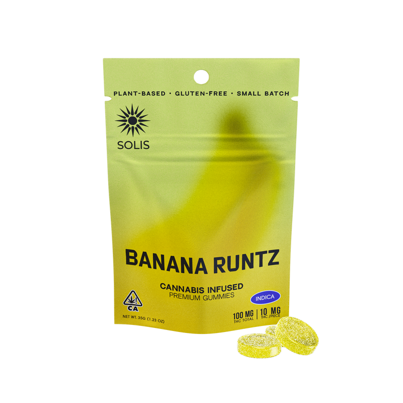 A photograph of Solis Gummies Indica Banana Runtz 10pk