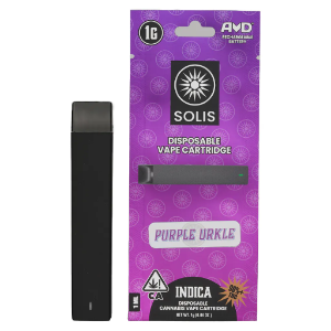 A photograph of Solis All-In-One Vape 1g Indica Purple Urkle