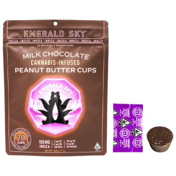 A photograph of Emerald Sky Peanut Butter Cups 20ct 100mg Indica Milk Chocolate