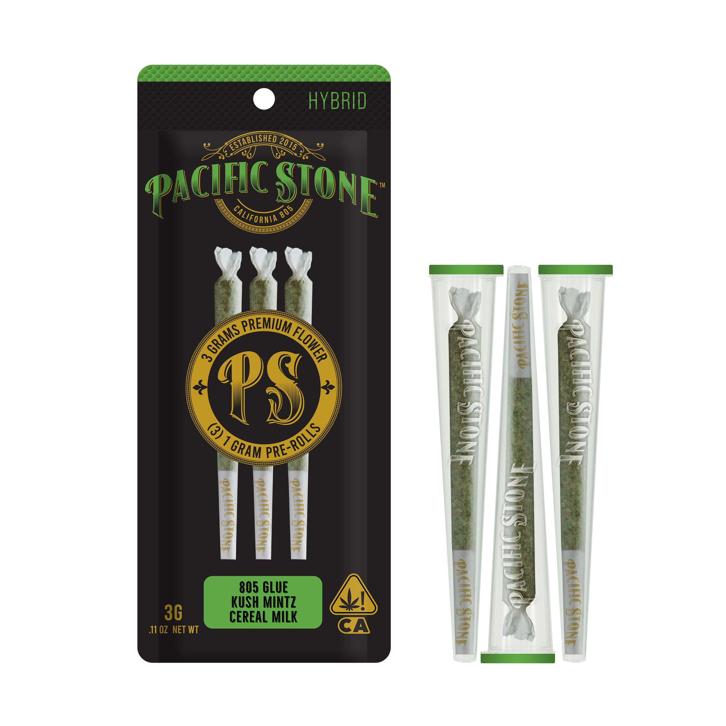 A photograph of Pacific Stone Preroll 1.0g Hybrid Variety 3-Pack 3.0g