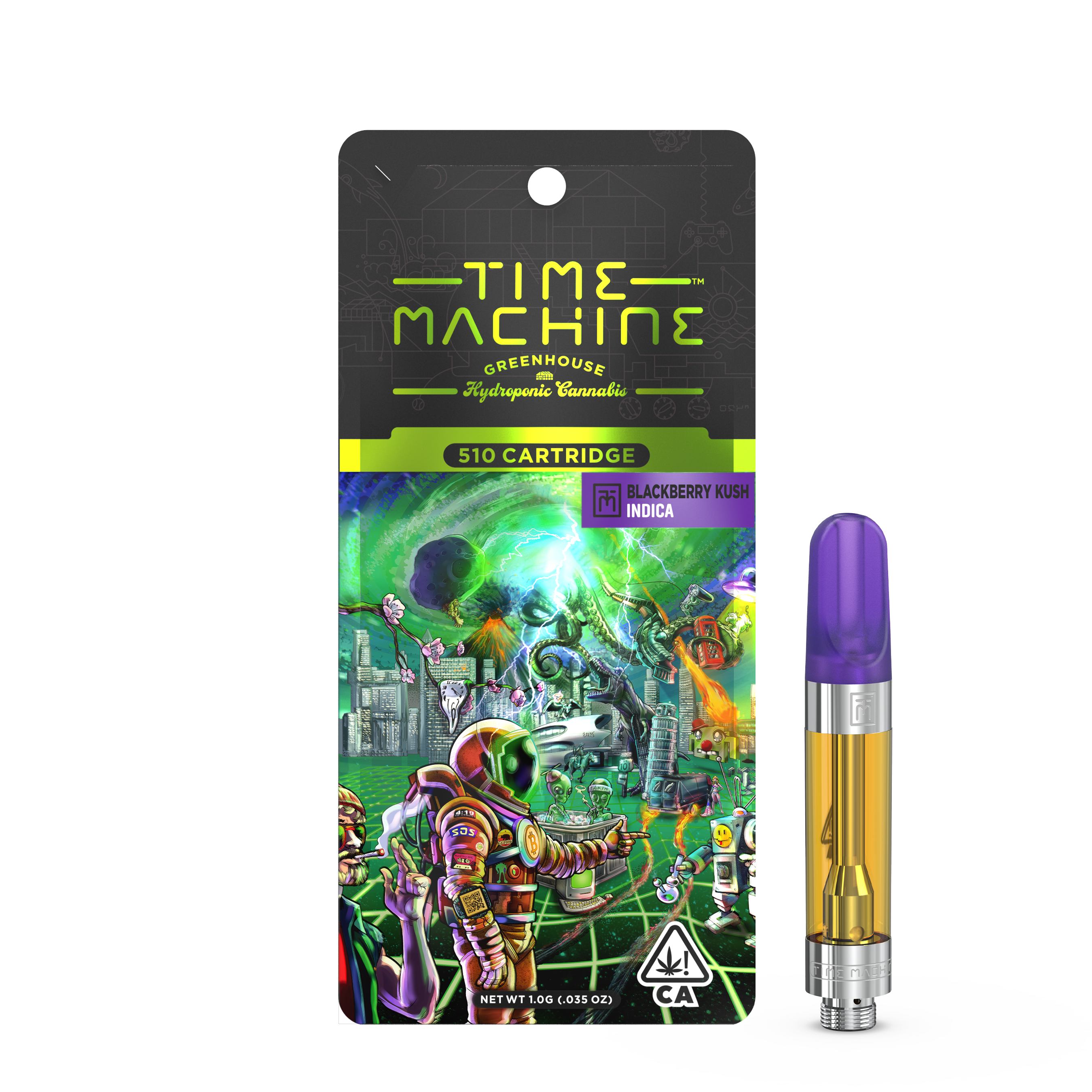 A photograph of Time Machine Cartridge 1g Indica Blackberry Kush