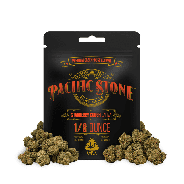 A photograph of Pacific Stone Flower 3.5g Pouch Sativa Starberry Cough 16ct