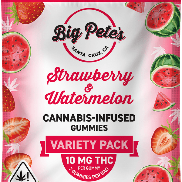 A photograph of Big Pete's Gummies Rosin Fast-Acting Indica Strawberry & Watermelon 20mg 2pk