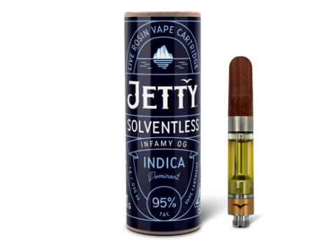 A photograph of Jetty Cartridge 1g Solventless Infamy OG