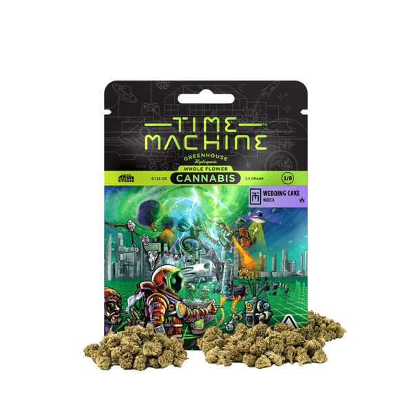 A photograph of Time Machine Flower 3.5g Indica Wedding Cake 16ct