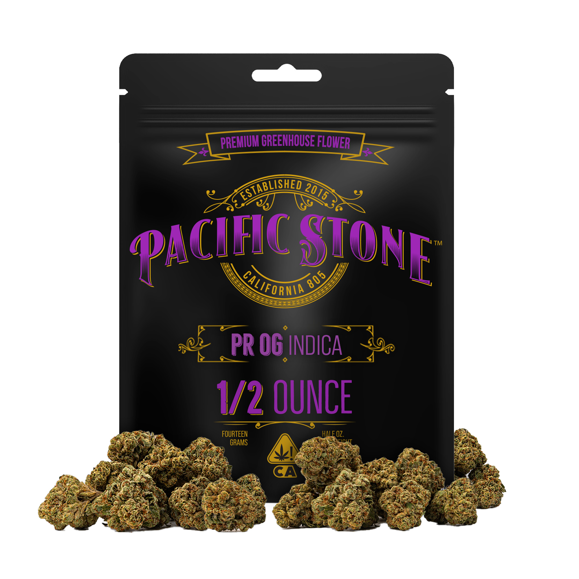 A photograph of Pacific Stone Flower 14.0g Pouch Indica PR OG 8ct