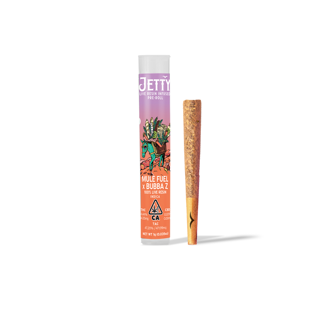 A photograph of Jetty 1g Live Resin Preroll Mule Fuel x Bubba Z