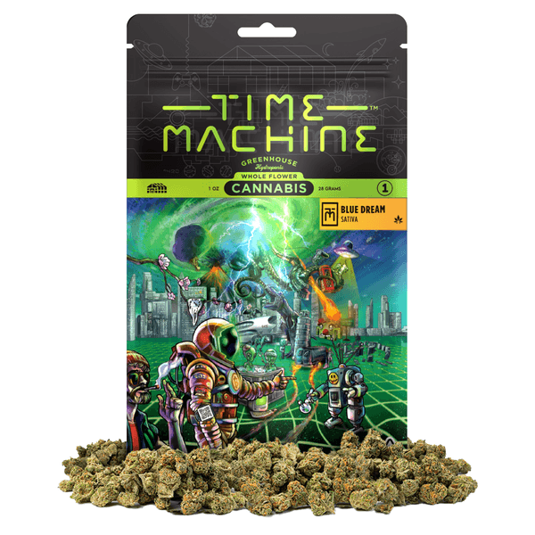 A photograph of Time Machine Flower 28g Sativa Blue Dream 4ct