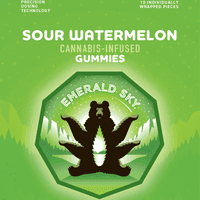 A photograph of Emerald Sky Gummies 10ct 100mg Hybrid Sour Watermelon