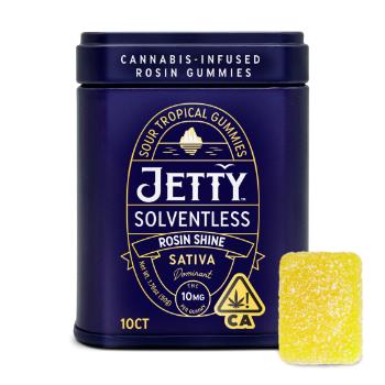 A photograph of Jetty Solventless Rosin Gummies 10ct Tin Sour Tropical Rosin Shine