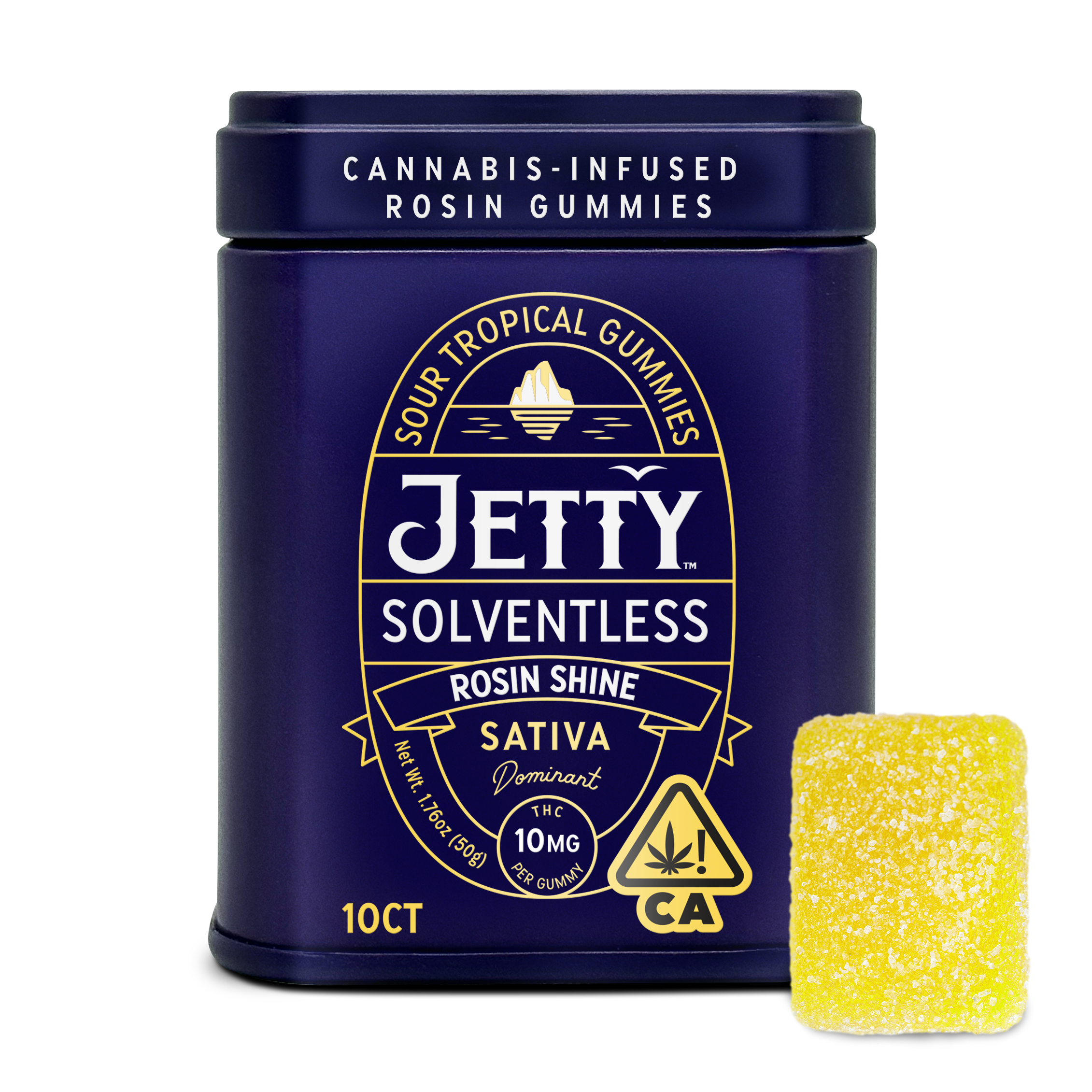A photograph of Jetty Solventless Rosin Gummies 10ct Tin Sour Tropical Rosin Shine