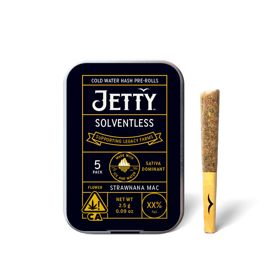 A photograph of Jetty Solventless Preroll Strawnana Mac 5pk