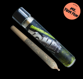 A photograph of Zombi Diamond Infused Preroll 1g Hybrid Mr Yum Yum 32ct