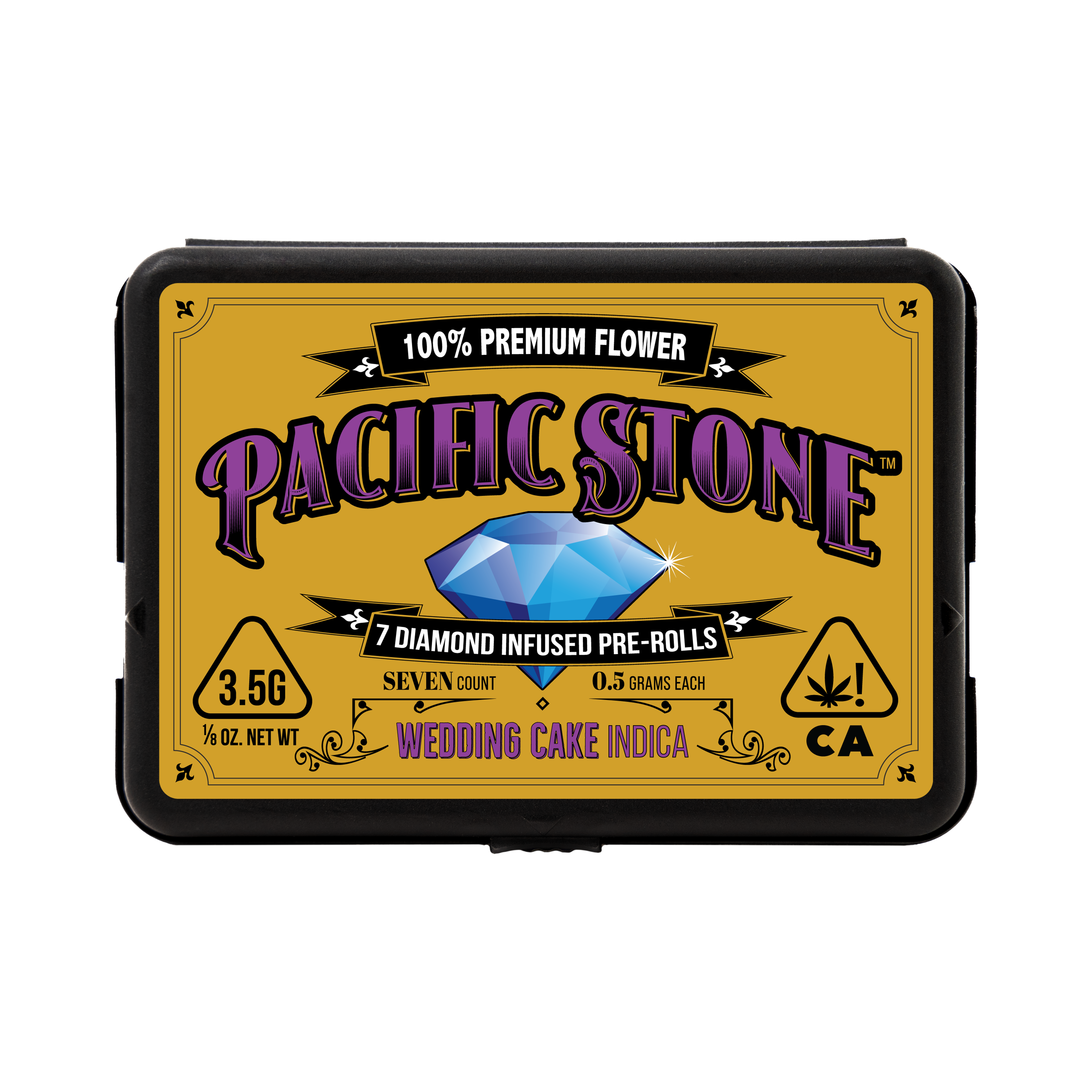 A photograph of Pacific Stone Diamond Infused Prerolls 0.5g Indica Wedding Cake 7-Pack 3.5g