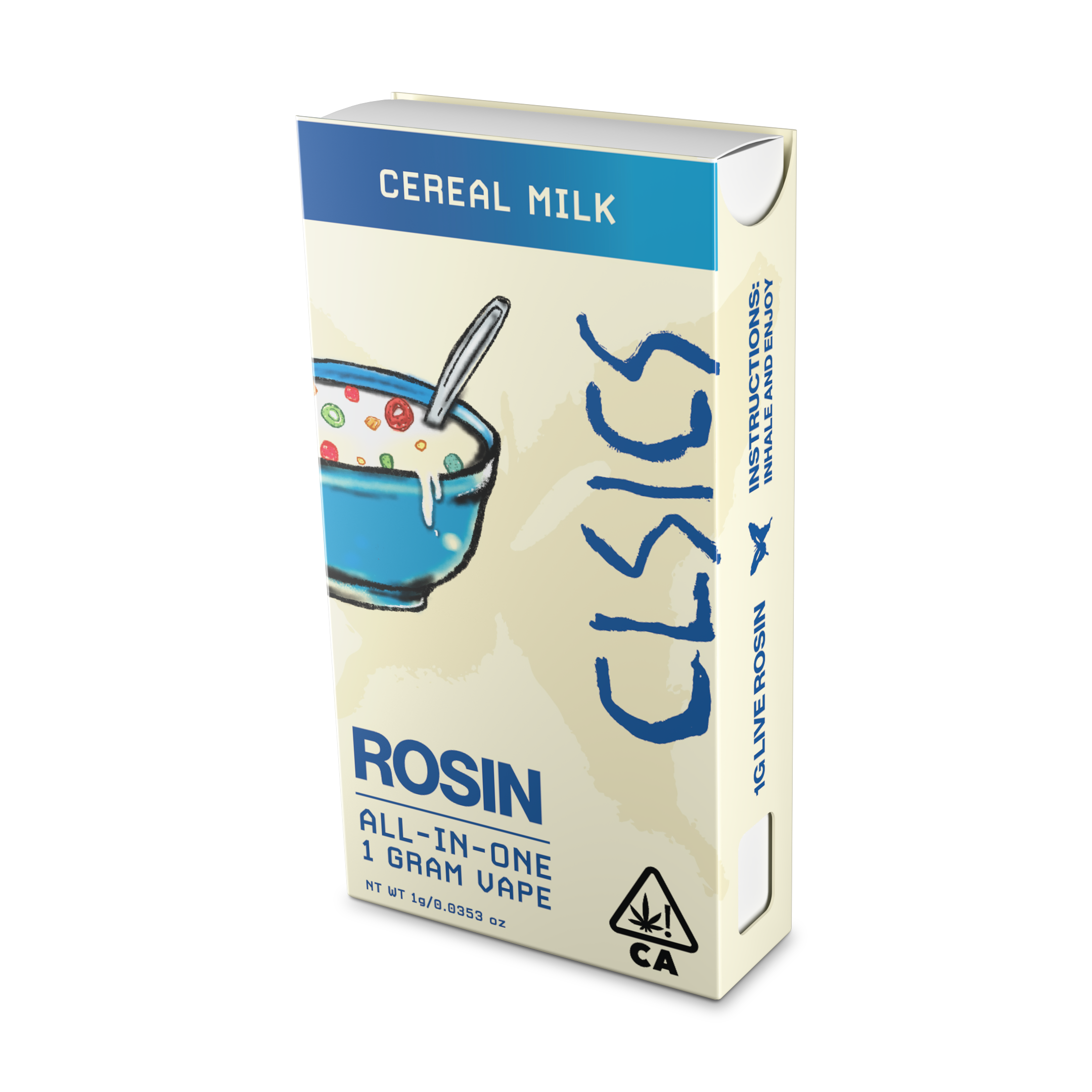 A photograph of CLSICS Live Rosin All-In-One Cartridge 1g Indica Cereal Milk