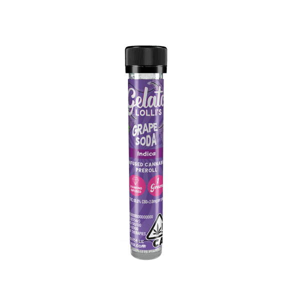 A photograph of Gelato Lolli's Single Infused Preroll 1.2g Indica Grape Soda