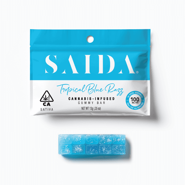 A photograph of Saida Gummy Bar 100mg Sativa Tropical Blue Razz