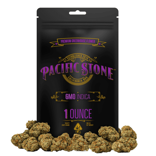 A photograph of Pacific Stone Flower 28.0g Pouch Indica GMO 4ct