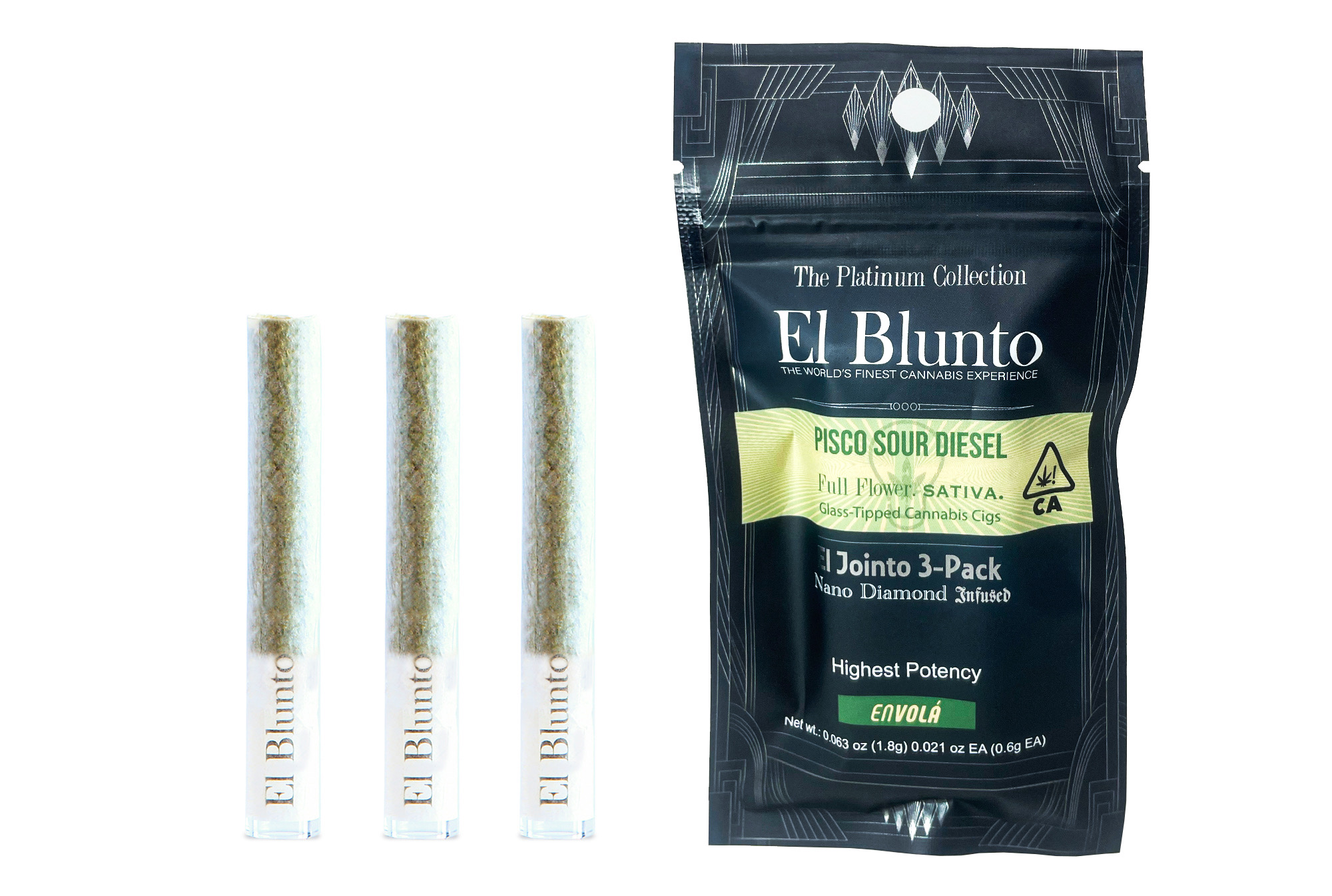 A photograph of El Blunto Diamond Jointo x Envola .6g Sativa Pisco Sour Diesel 3pk 1.8g 16ct