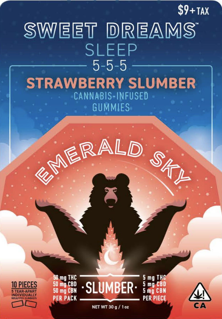 A photograph of Emerald Sky Sweet Dreams Gummies 5ct 50mg Indica Strawberry Slumber 5:5:5 THC/CB