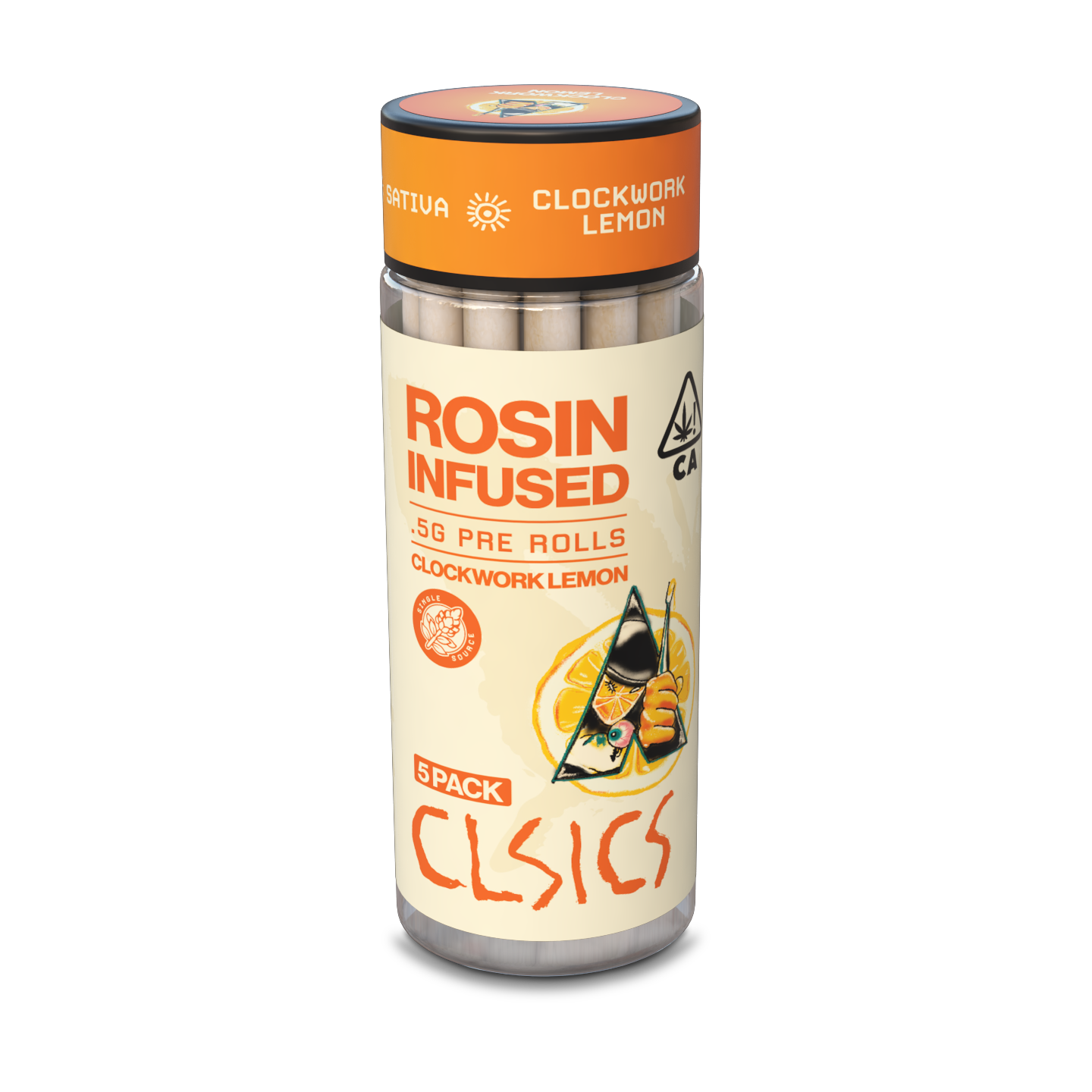 A photograph of CLSICS Rosin Preroll 5pk .5g Sativa Clockwork Lemon