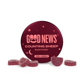 A photograph of Good News Sour 2:1 (THC:CBN) Counting Sheep Gummy 150mg, 10pc Tin