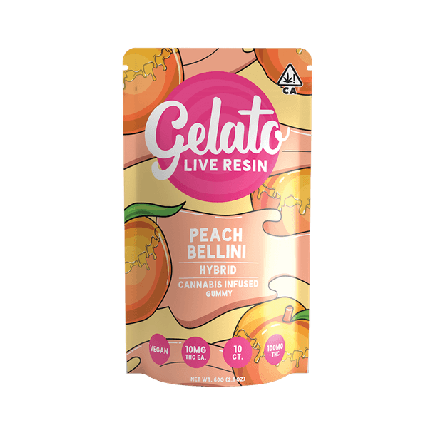 A photograph of Gelato Gummies 100mg Hybrid Peach Bellini 10ct