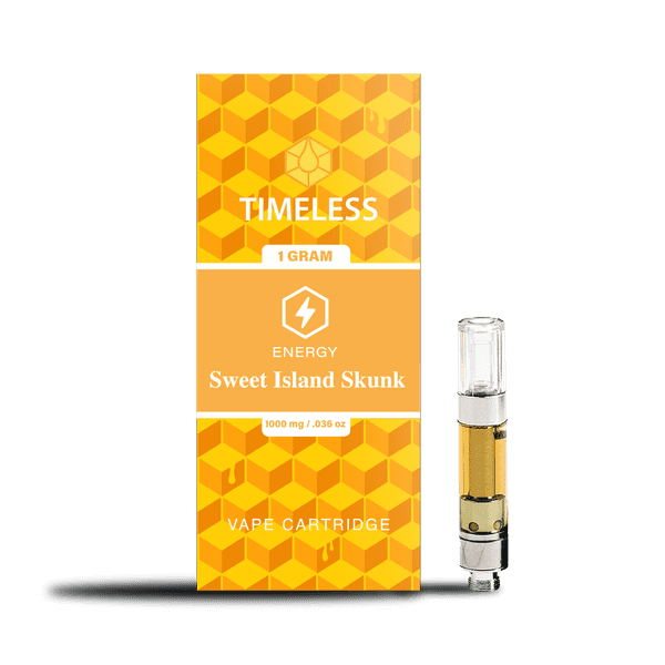 A photograph of Timeless Cartridge Energy 1g Sativa Sweet Island Skunk