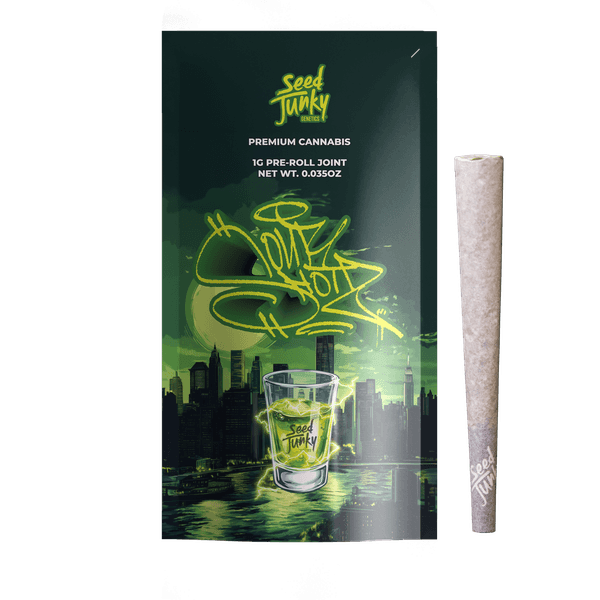 A photograph of Seed Junky Preroll 1g Sativa Sour Shotz 24ct