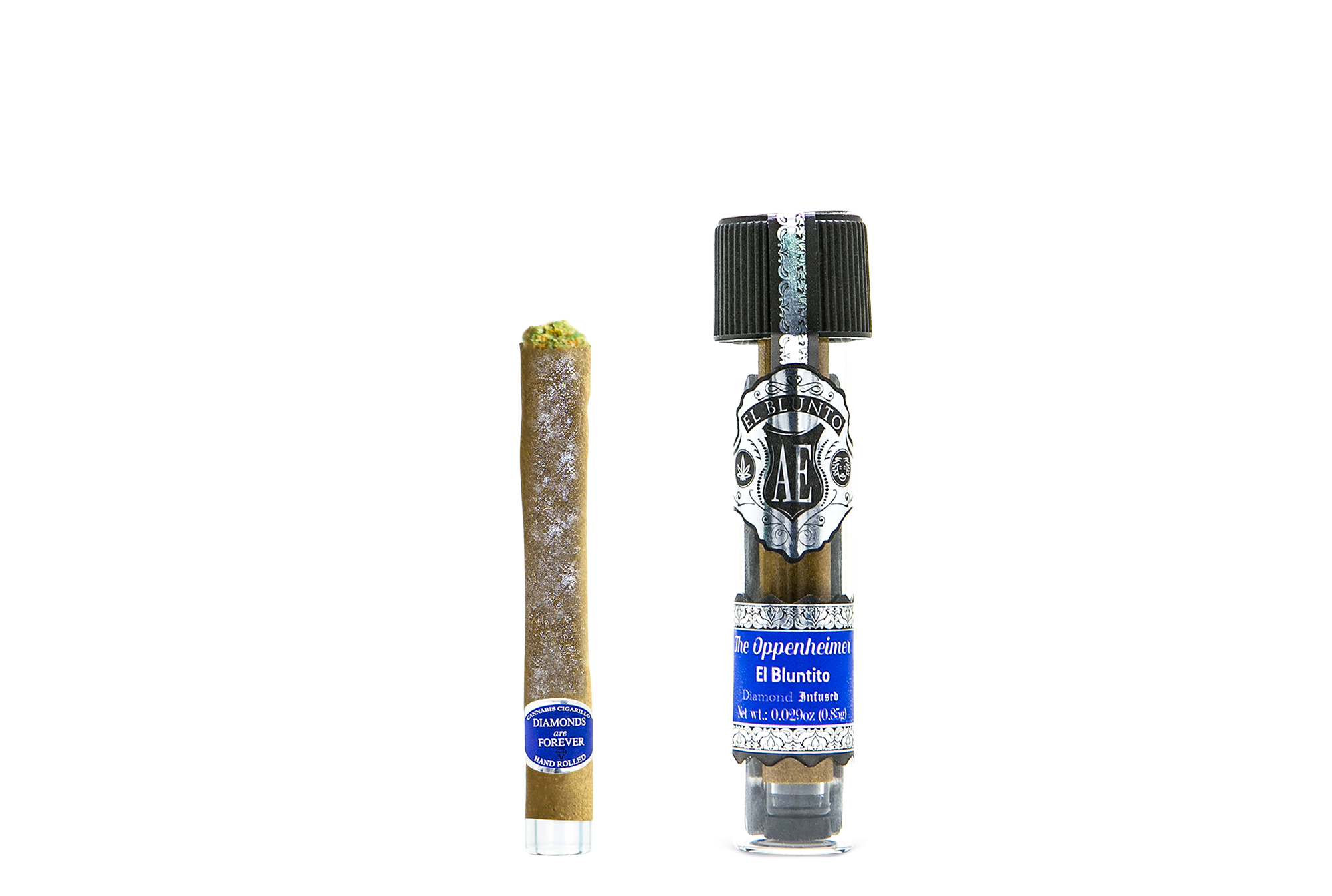 A photograph of El Blunto Platium Diamond Bluntito .85g Indica The Oppenheimer 16ct