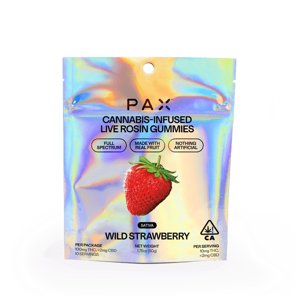 A photograph of PAX Live Rosin Gummies Sativa Wild Strawberry