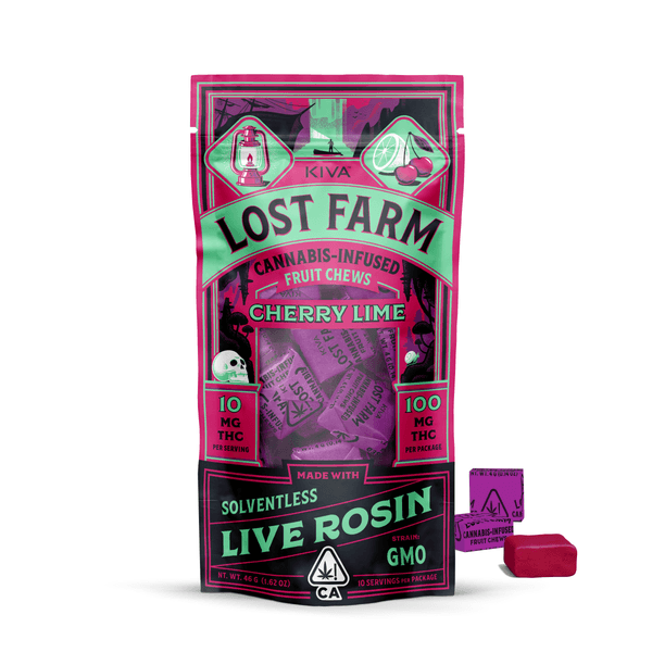 A photograph of Lost Farm Chews Cherry Lime GMO Rosin