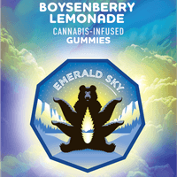 A photograph of Emerald Sky LR Gummies 10ct 100mg Indica Boysenberry Lemonade