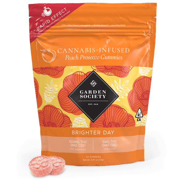 A photograph of Garden Society Gummy Sativa Peach Prosecco 100mg 20pk