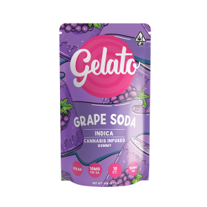 A photograph of Gelato Gummies 100mg Indica Grape Soda 10ct