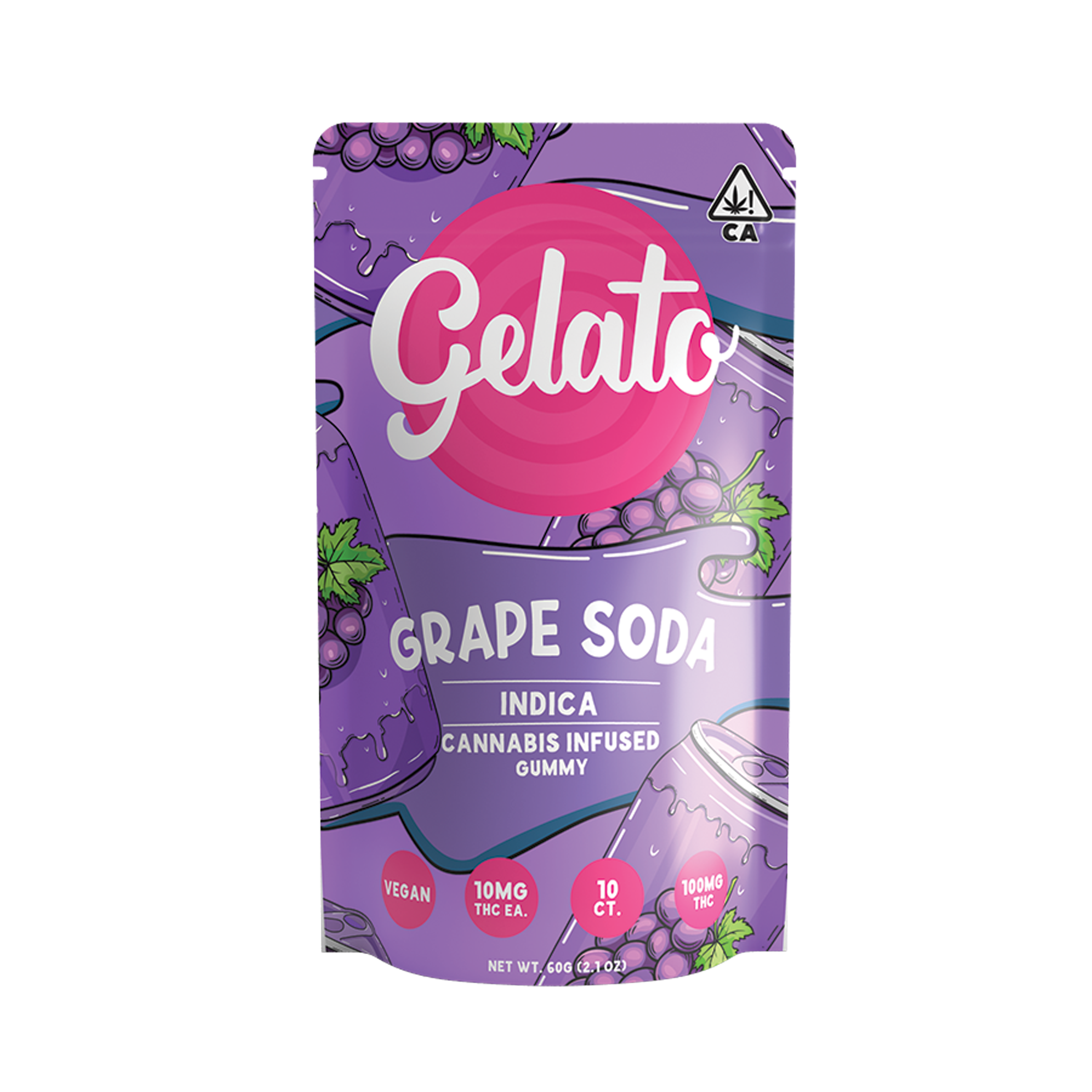 A photograph of Gelato Gummies 100mg Indica Grape Soda 10ct