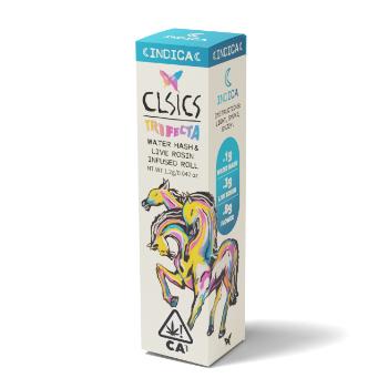 A photograph of CLSICS Trifecta 1.2g Hash Preroll Indica Banana Cream/Fatso/Tropicana Cherry