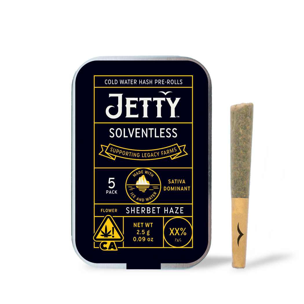 A photograph of Jetty Solventless Preroll Sherbet Haze 5pk