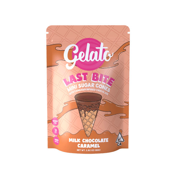 A photograph of Gelato Last Bite 100mg Hyrbid Milk Chocolate Caramel 10pc