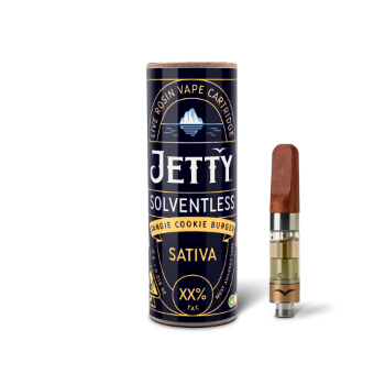 A photograph of Jetty Cartridge OCAL .5g Solventless Tangie Cookie Burger