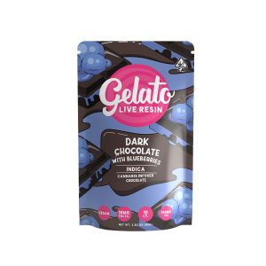 A photograph of Gelato Chocolate Bar 100mg Indica Dark Chocolate Blueberry 10pc