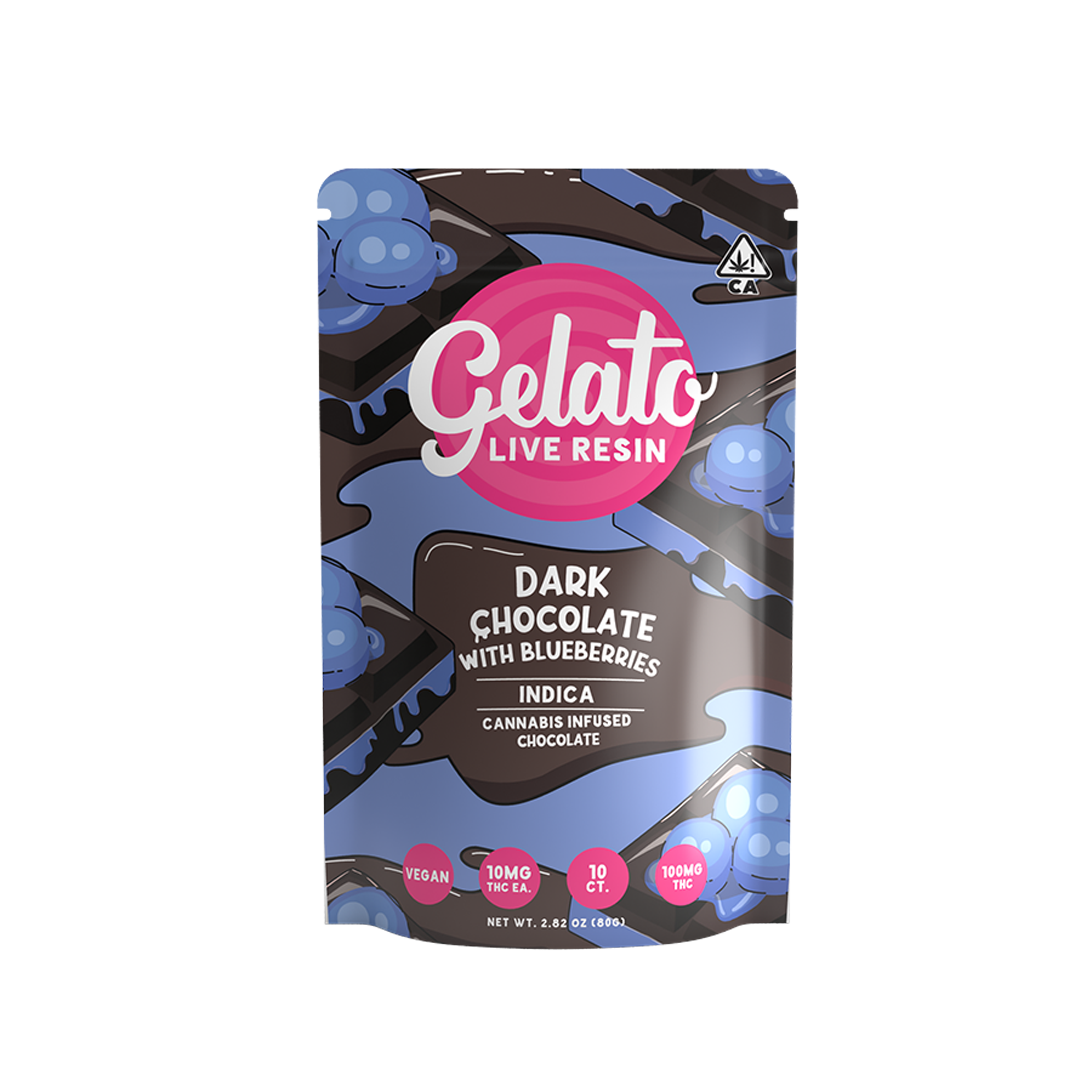 A photograph of Gelato Chocolate Bar 100mg Indica Dark Chocolate Blueberry 10pc