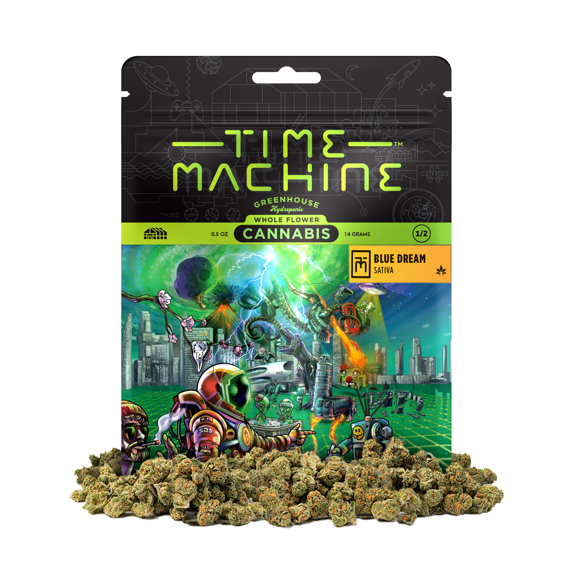 A photograph of Time Machine Flower 14g Sativa Blue Dream 8ct