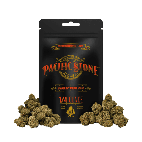 A photograph of Pacific Stone Flower 7.0g Pouch Sativa Starberry Cough