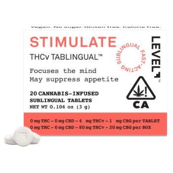 A photograph of Level Tablingual Stimulate THCV:CBG:THC