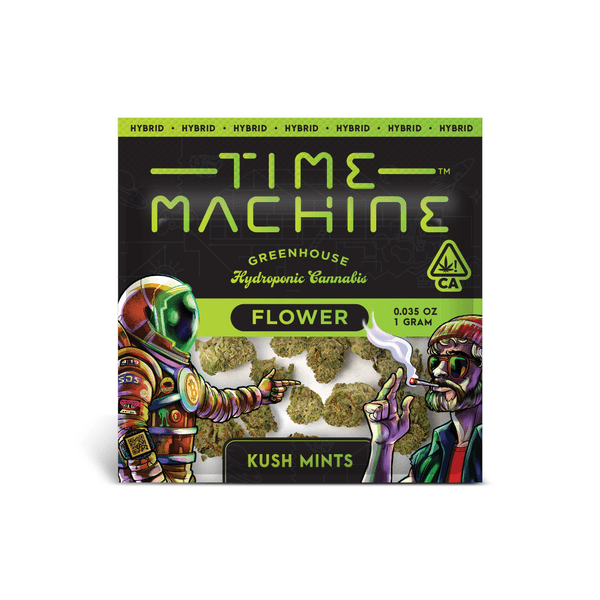 A photograph of Time Machine Flower 1.0g Hybrid Kush Mints