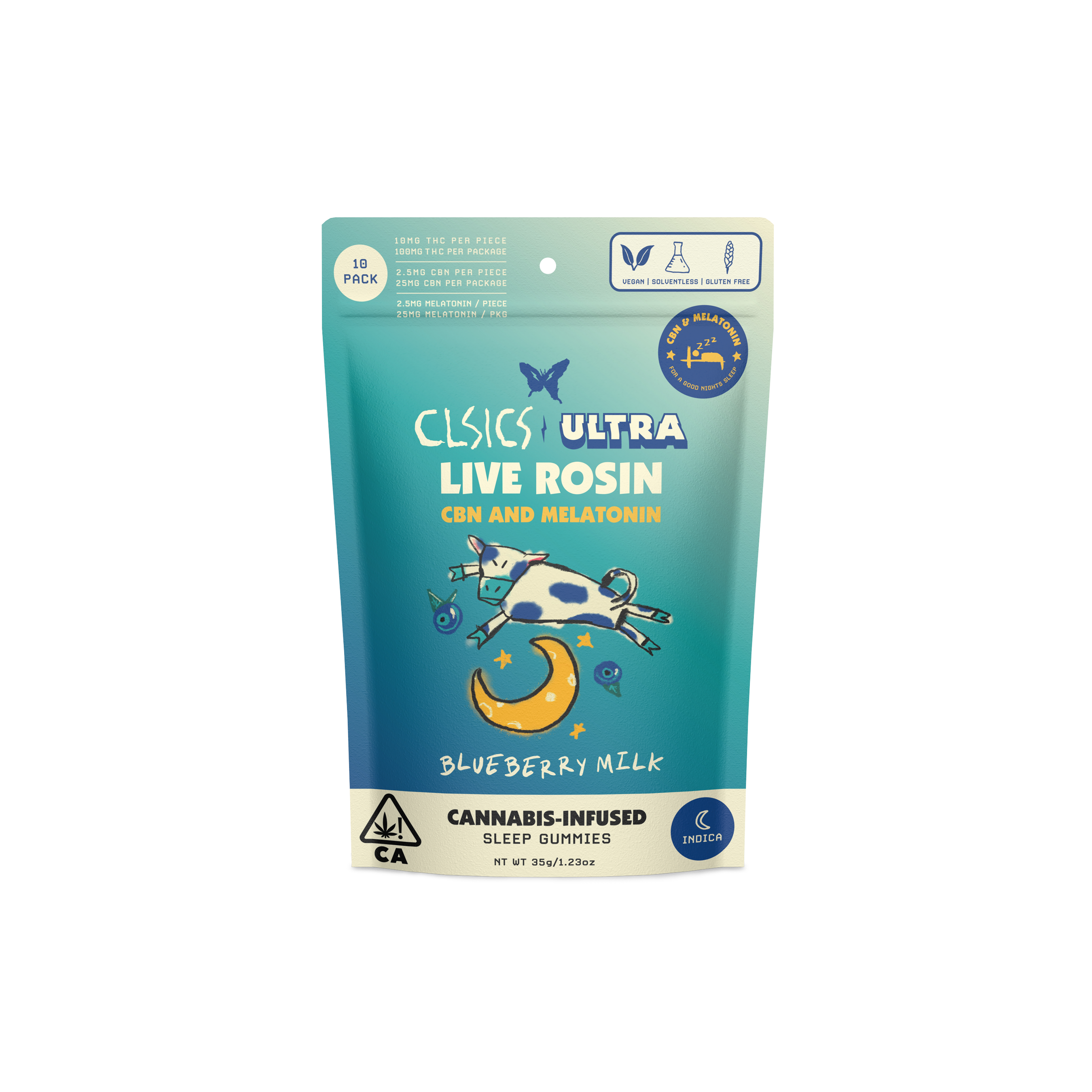A photograph of CLSICS Live Rosin Gummies Indica CBN / Melatonin Blueberry Milk