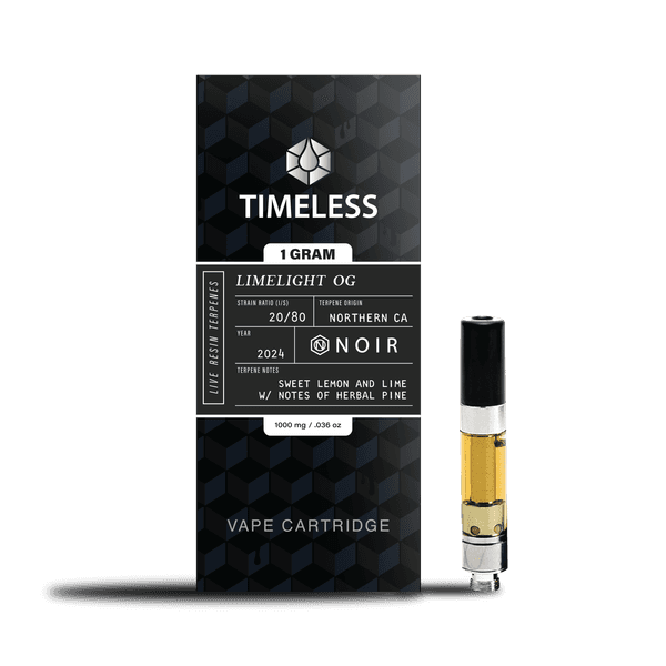 A photograph of Timeless Cartridge Noir 1g Sativa Limelight OG